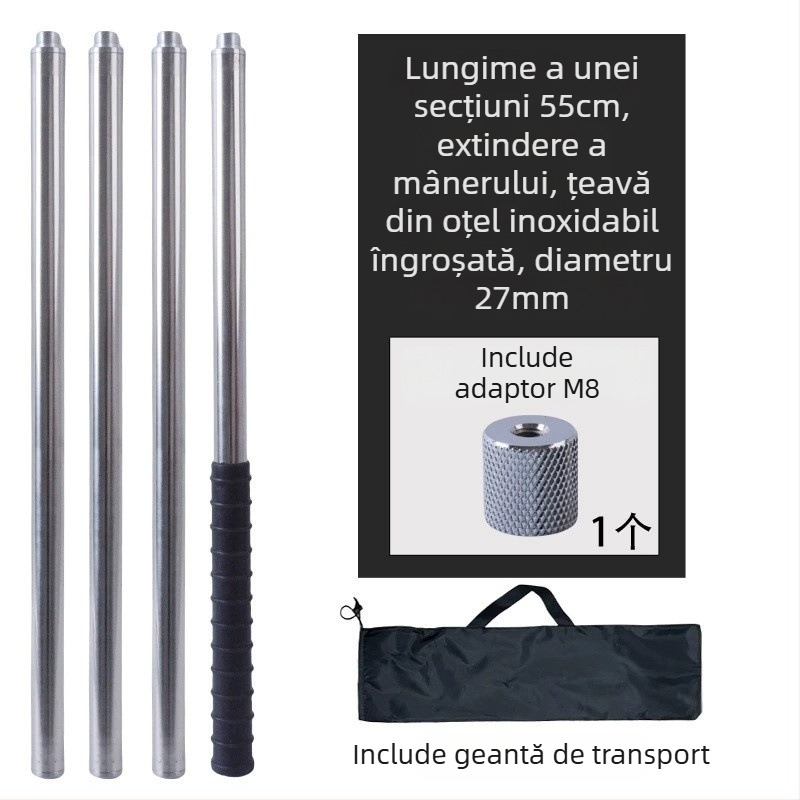 Țeavă metalică pentru plasă mare, tip răsucire, pentru cules fructe de la înălțime; material: metal; greutate 225–313 g în funcție de configurație; secțiuni cu conectare liberă; nu este extensibilă