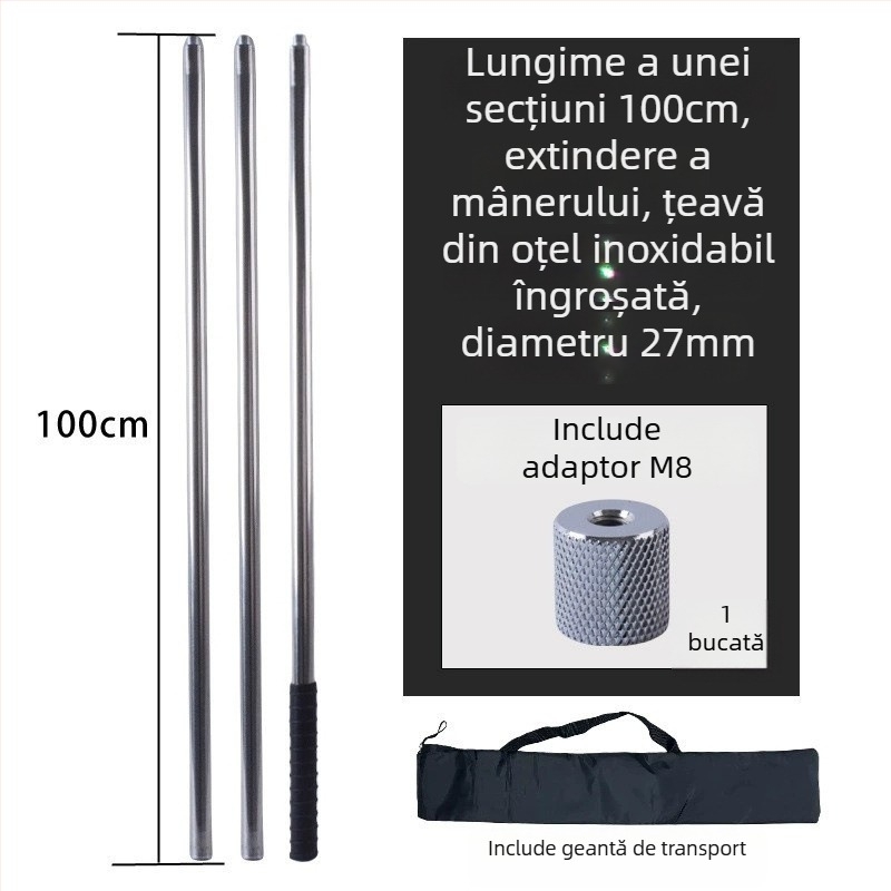 Țeavă metalică pentru plasă mare, tip răsucire, pentru cules fructe de la înălțime; material: metal; greutate 225–313 g în funcție de configurație; secțiuni cu conectare liberă; nu este extensibilă