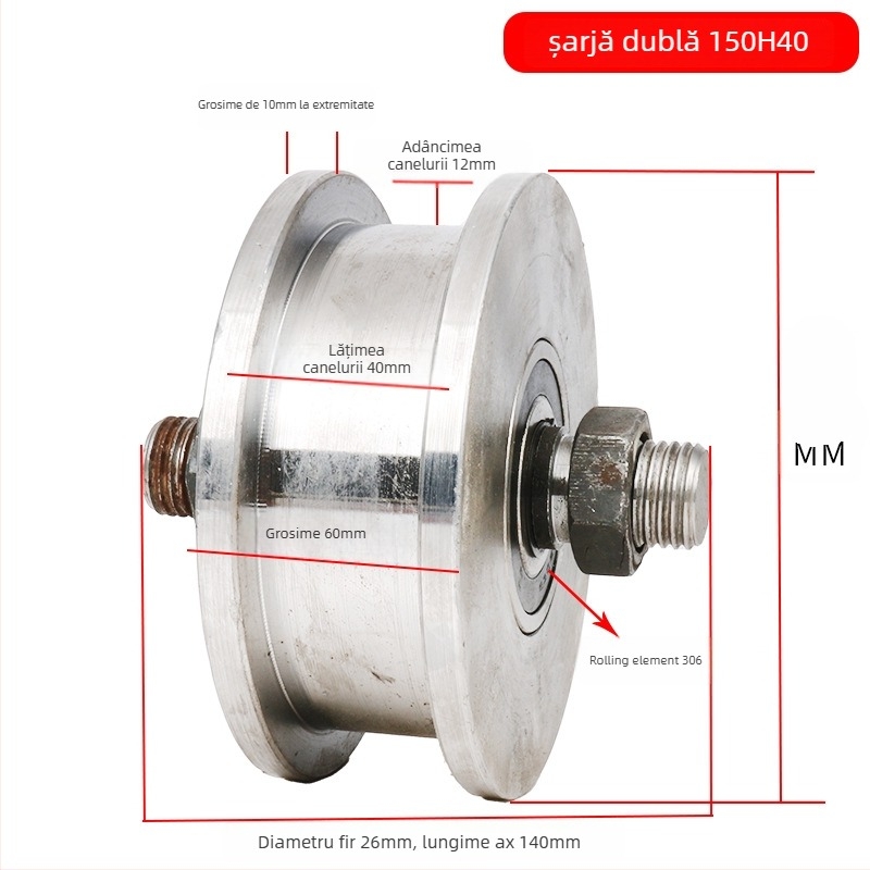 Rola dublă cu design H, roată pentru șină, sarcină mare, oțel 45