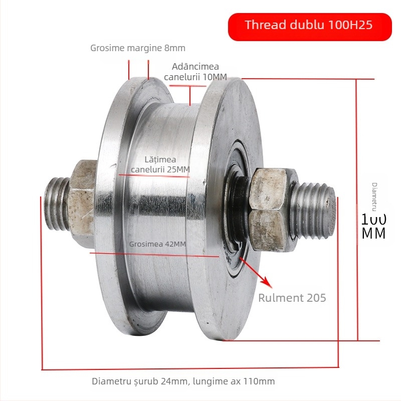 Rola dublă cu design H, roată pentru șină, sarcină mare, oțel 45