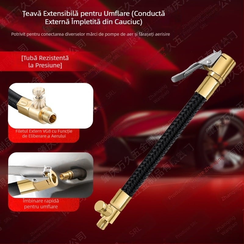 Furtun extins pentru pompă auto cu manometru pentru presiunea pneurilor, 120W, 35 L/min, afișaj digital, timp de funcționare peste 20 de minute