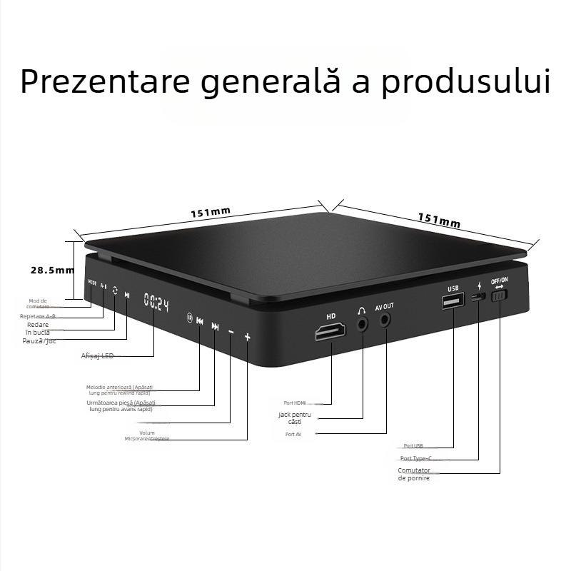 Plecabil DVD player KC-708, interfață USB, ieșire HDMI/AV, suportă CD/VCD/DVD/AVI/MP3/WMA, alimentare 5V 7.5W