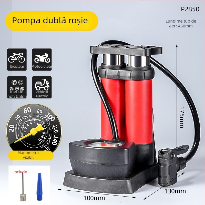 Pompa de bicicletă cu pedale, cu dublu cilindru, manometru și duză de aer, portabil