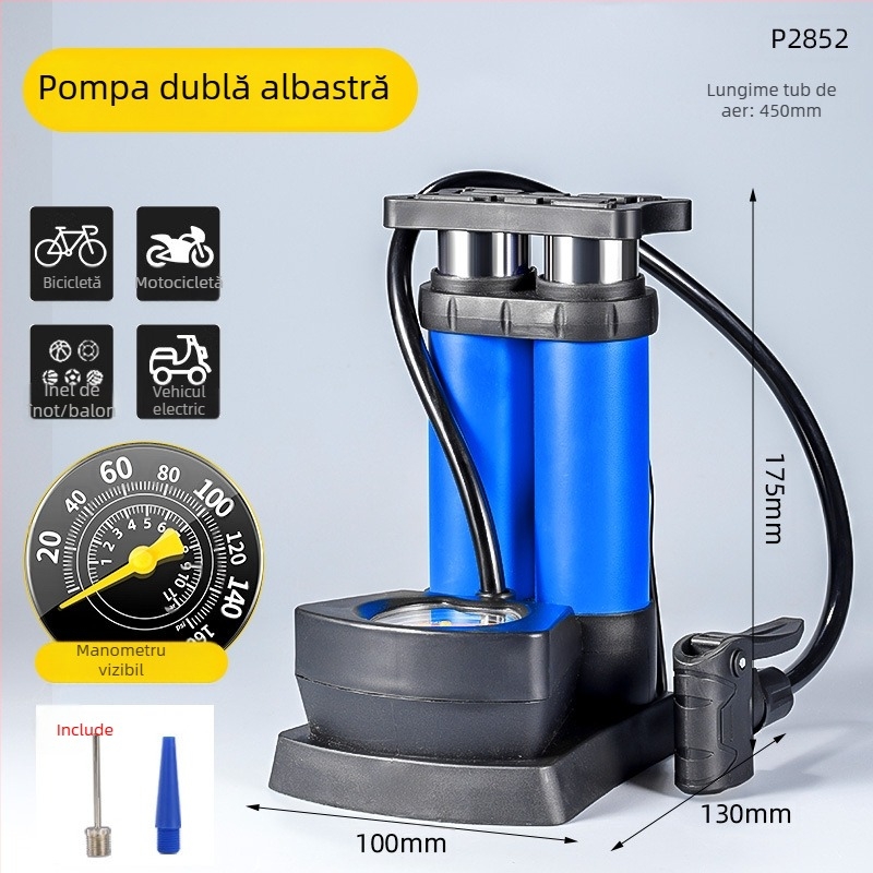 Pompa de bicicletă cu pedale, cu dublu cilindru, manometru și duză de aer, portabil