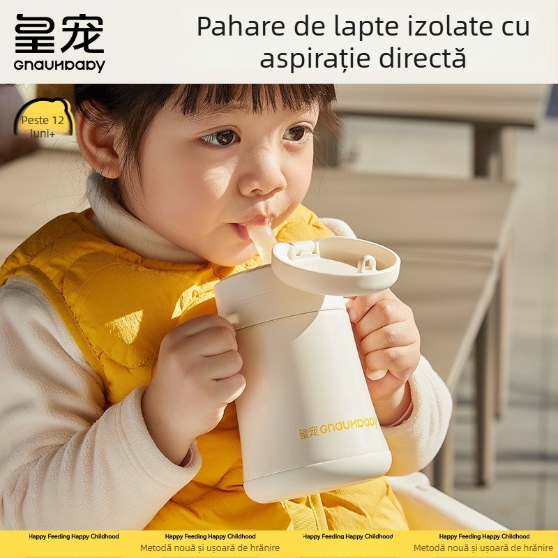 Cană izolată pentru copii 1–3 ani și peste; interior din oțel inoxidabil 316, exterior din oțel inoxidabil 304; izolație 6–12 ore; design portabil cu vid; capac pop-up