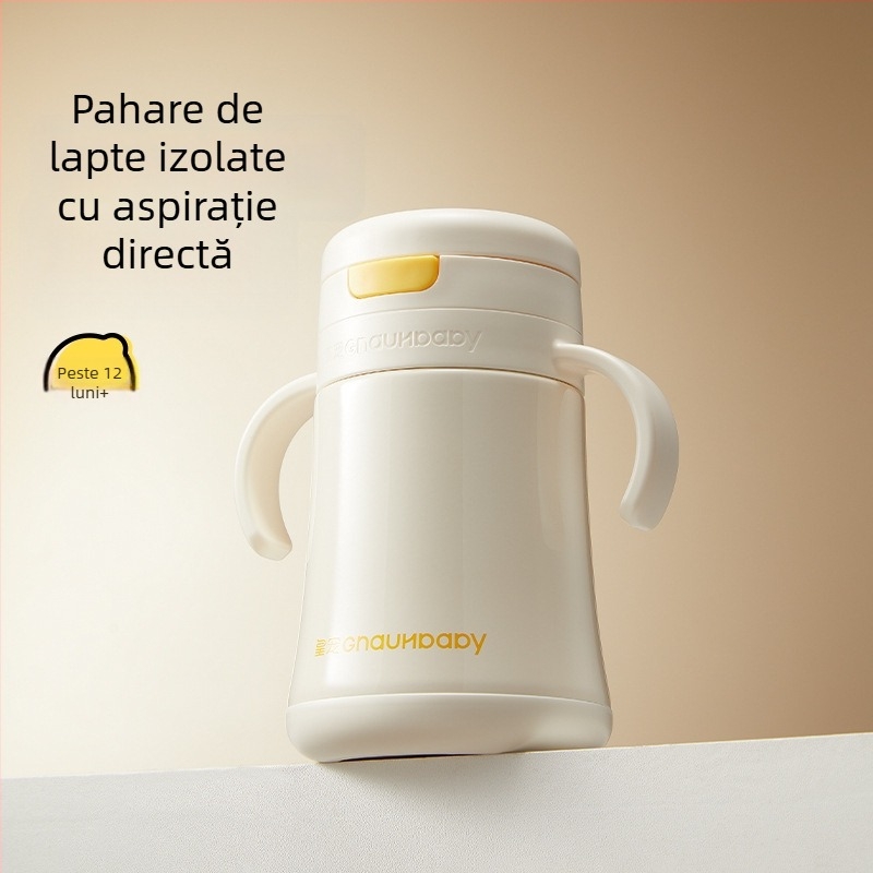 Cană izolată pentru copii 1–3 ani și peste; interior din oțel inoxidabil 316, exterior din oțel inoxidabil 304; izolație 6–12 ore; design portabil cu vid; capac pop-up
