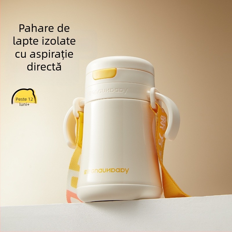 Cană izolată pentru copii 1–3 ani și peste; interior din oțel inoxidabil 316, exterior din oțel inoxidabil 304; izolație 6–12 ore; design portabil cu vid; capac pop-up