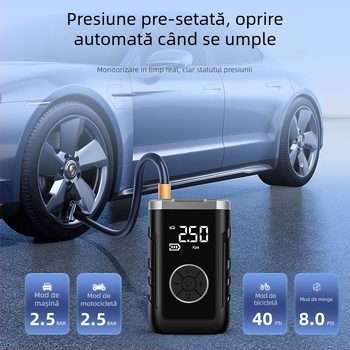 Pompa de aer pentru mașină cu alimentare dublă, wireless, afișaj LCD, senzor de presiune în pneuri, încărcare USB