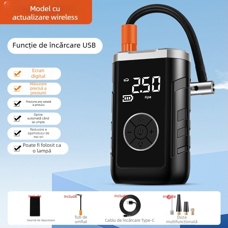 Pompa de aer pentru mașină cu alimentare dublă, wireless, afișaj LCD, senzor de presiune în pneuri, încărcare USB