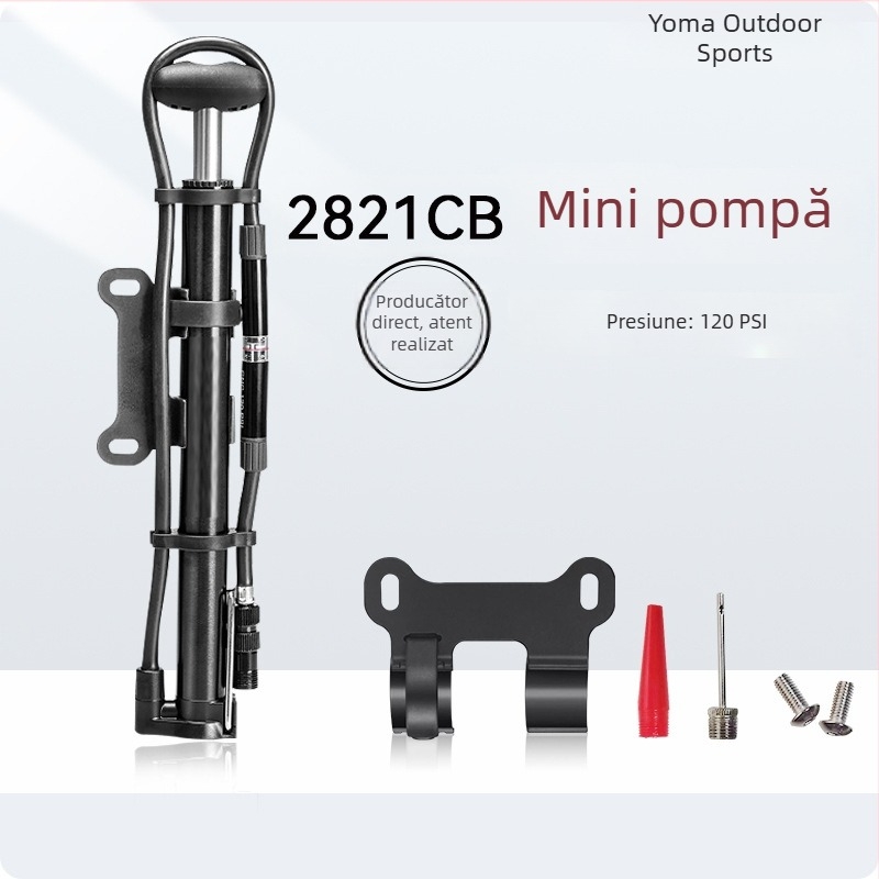 Pompa manuală pentru bicicletă cu manometru, model 2821CB, presiune 140 psi, corp din aluminiu, 165 g