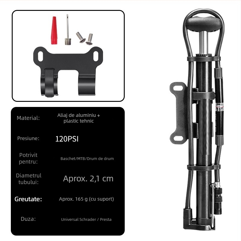 Pompa manuală pentru bicicletă cu manometru, model 2821CB, presiune 140 psi, corp din aluminiu, 165 g