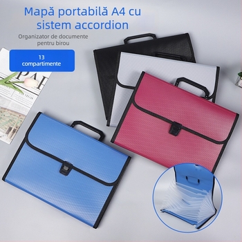 Mapă A4 acordion portabilă cu 13 compartimente, clip de birou, din plastic, pentru facturi și chitanțe, grosime 1,2 mm