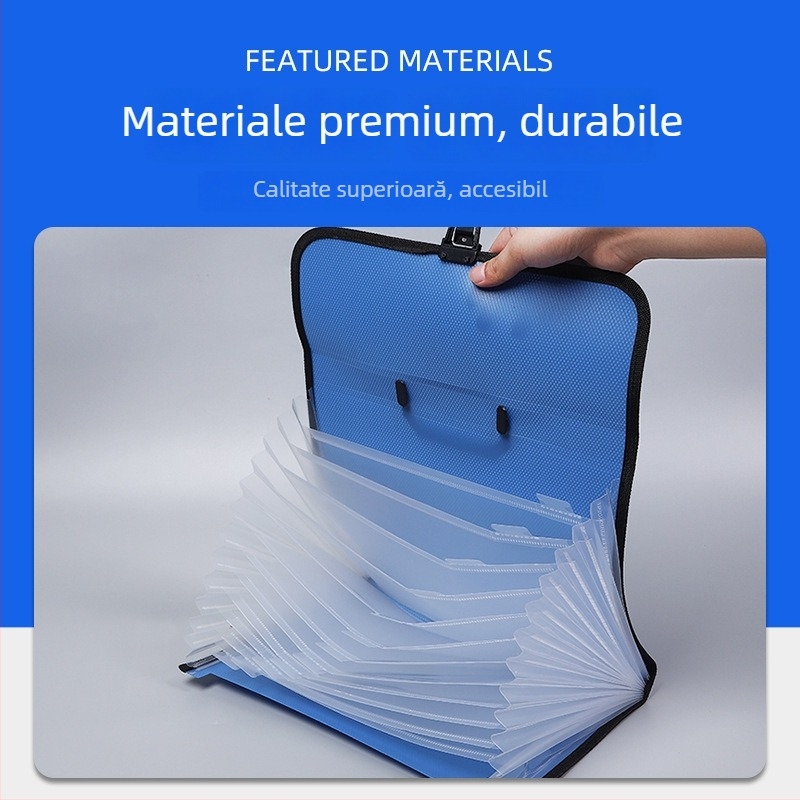Mapă A4 acordion portabilă cu 13 compartimente, clip de birou, din plastic, pentru facturi și chitanțe, grosime 1,2 mm