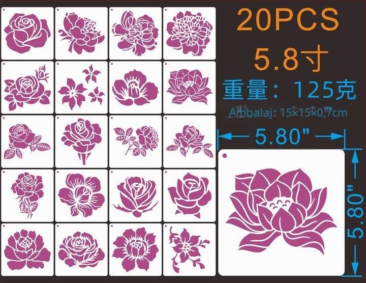 Șablon de pictură cu trandafiri și flori sălbatice, PET material; nu este importat; licență IP: Niciuna.