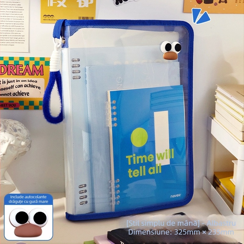 Macaron husă transparentă pentru documente, cu capacitate mare, fermoar, din plasă de nailon, impermeabilă, design desen animat, pentru elevi