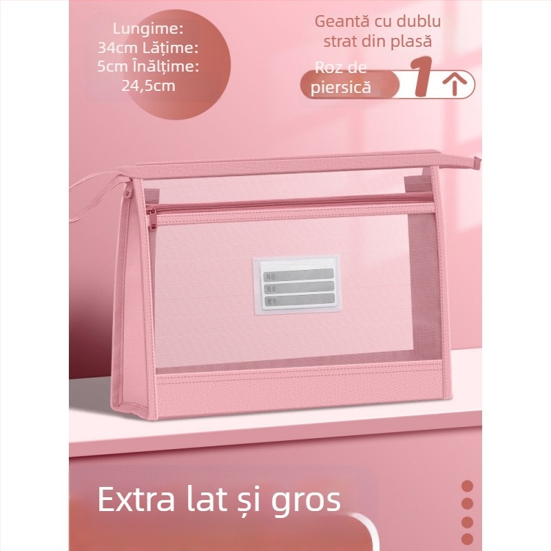 Geantă pentru fișiere din plasă de nailon, cu fermoar, strat dublu de plasă, capacitate mare