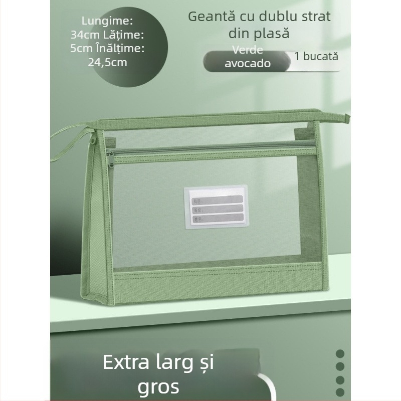 Geantă pentru fișiere din plasă de nailon, cu fermoar, strat dublu de plasă, capacitate mare