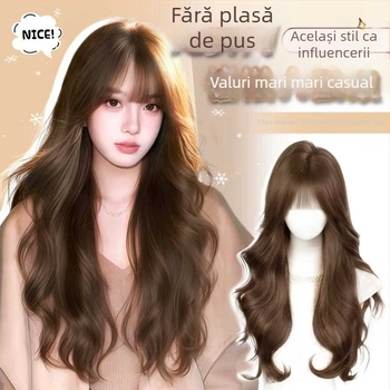 Perucă lungă cu bucle lejere și breton drept, fibră sintetică rezistentă la temperaturi, prelucrare mecanizată, nu poate fi vopsită