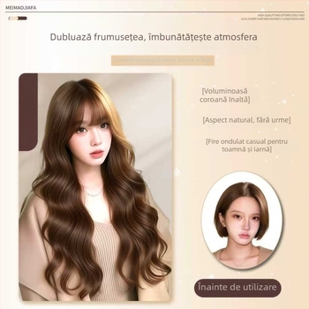 Perucă lungă cu bucle lejere și breton drept, fibră sintetică rezistentă la temperaturi, prelucrare mecanizată, nu poate fi vopsită