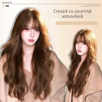 Perucă lungă cu bucle lejere și breton drept, fibră sintetică rezistentă la temperaturi, prelucrare mecanizată, nu poate fi vopsită