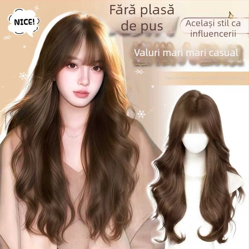 Perucă lungă cu bucle lejere și breton drept, fibră sintetică rezistentă la temperaturi, prelucrare mecanizată, nu poate fi vopsită