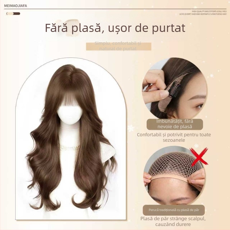 Perucă lungă cu bucle lejere și breton drept, fibră sintetică rezistentă la temperaturi, prelucrare mecanizată, nu poate fi vopsită