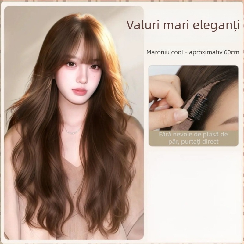 Perucă lungă cu bucle lejere și breton drept, fibră sintetică rezistentă la temperaturi, prelucrare mecanizată, nu poate fi vopsită