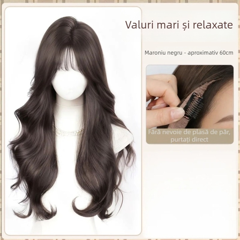 Perucă lungă cu bucle lejere și breton drept, fibră sintetică rezistentă la temperaturi, prelucrare mecanizată, nu poate fi vopsită