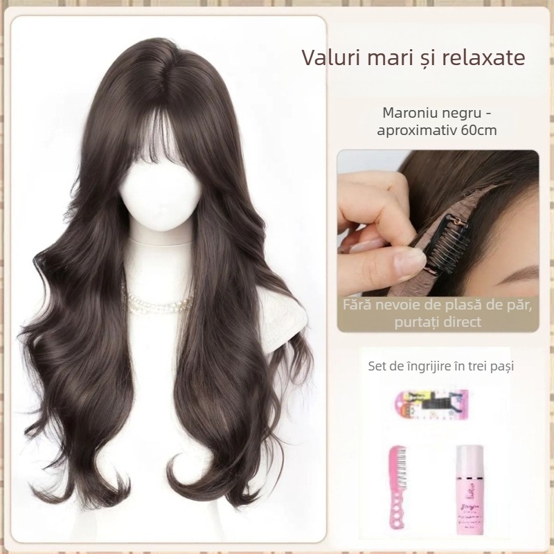 Perucă lungă cu bucle lejere și breton drept, fibră sintetică rezistentă la temperaturi, prelucrare mecanizată, nu poate fi vopsită