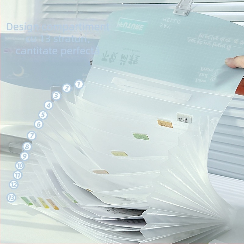 Dosar A4 orizontal cu 13 compartimente, material PP, grosime 0.65 mm, imprimare siglă disponibilă, personalizare