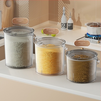 Recipient de depozitare orez, din PET transparent, cu mâner și capac, sigilat, rezistent la umiditate și insecte, pentru orez și făină.