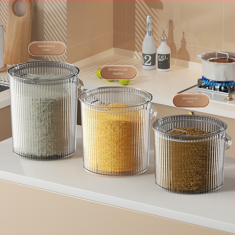 Recipient de depozitare orez, din PET transparent, cu mâner și capac, sigilat, rezistent la umiditate și insecte, pentru orez și făină.