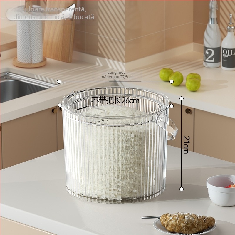 Recipient de depozitare orez, din PET transparent, cu mâner și capac, sigilat, rezistent la umiditate și insecte, pentru orez și făină.