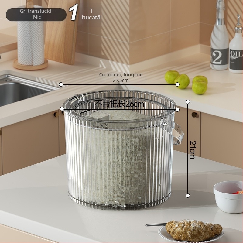 Recipient de depozitare orez, din PET transparent, cu mâner și capac, sigilat, rezistent la umiditate și insecte, pentru orez și făină.