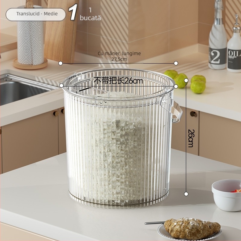 Recipient de depozitare orez, din PET transparent, cu mâner și capac, sigilat, rezistent la umiditate și insecte, pentru orez și făină.