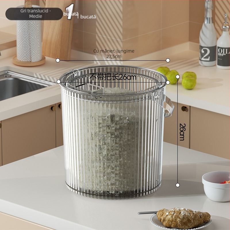 Recipient de depozitare orez, din PET transparent, cu mâner și capac, sigilat, rezistent la umiditate și insecte, pentru orez și făină.