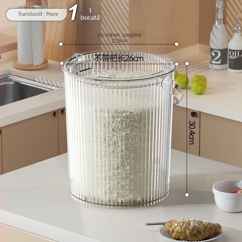 Recipient de depozitare orez, din PET transparent, cu mâner și capac, sigilat, rezistent la umiditate și insecte, pentru orez și făină.