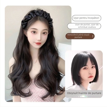 Perucă cu bucle lungi, bandă pentru cap integrată, aspect natural, fără cusături, material din mătase rezistentă la temperatură înaltă, producție mecanizată, nu poate fi vopsită