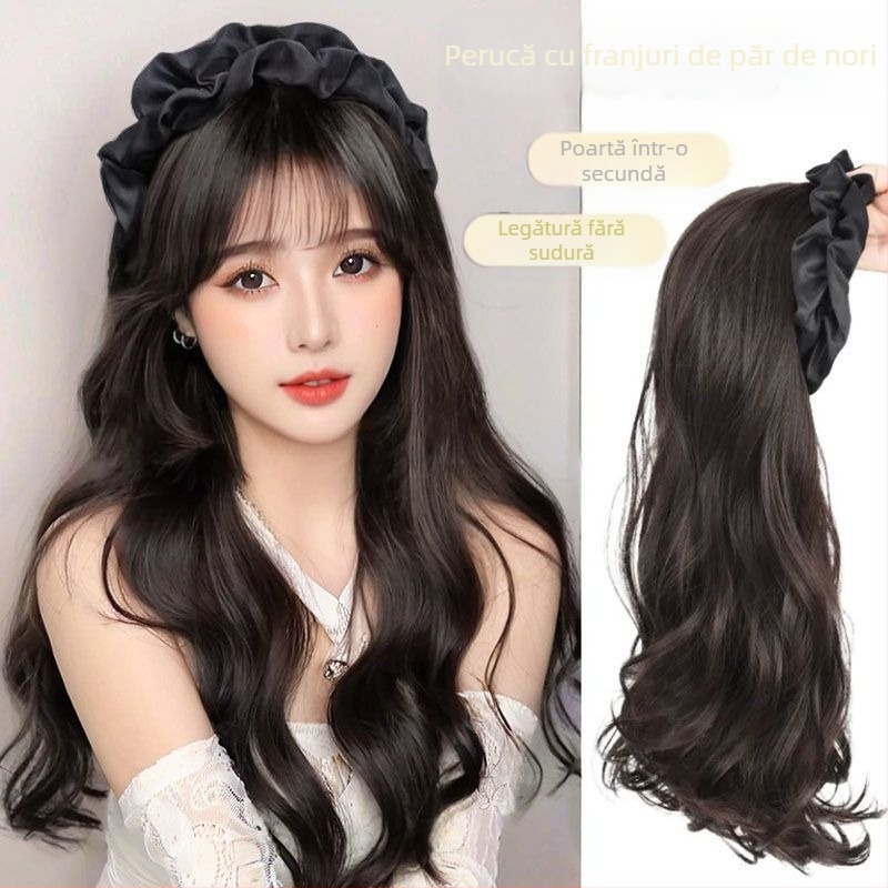 Perucă cu bucle lungi, bandă pentru cap integrată, aspect natural, fără cusături, material din mătase rezistentă la temperatură înaltă, producție mecanizată, nu poate fi vopsită