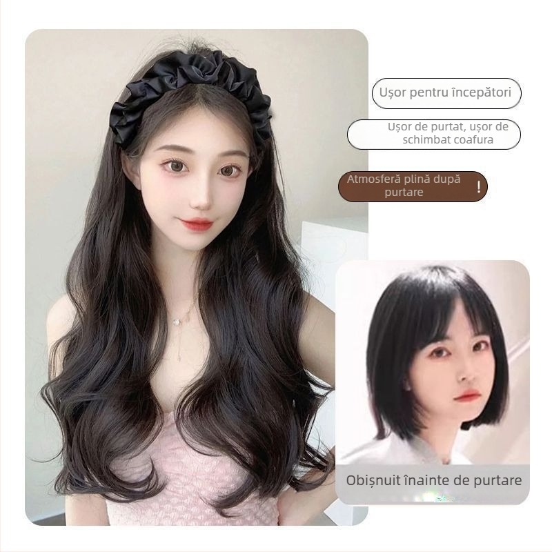 Perucă cu bucle lungi, bandă pentru cap integrată, aspect natural, fără cusături, material din mătase rezistentă la temperatură înaltă, producție mecanizată, nu poate fi vopsită