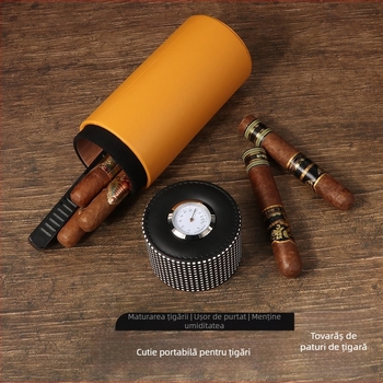 Humidor pentru țigări, exterior din piele PU și cilindru interior din lemn de cedru, cilindric, portabil pentru călătorii
