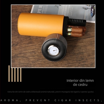 Humidor pentru țigări, exterior din piele PU și cilindru interior din lemn de cedru, cilindric, portabil pentru călătorii
