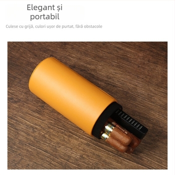 Humidor pentru țigări, exterior din piele PU și cilindru interior din lemn de cedru, cilindric, portabil pentru călătorii