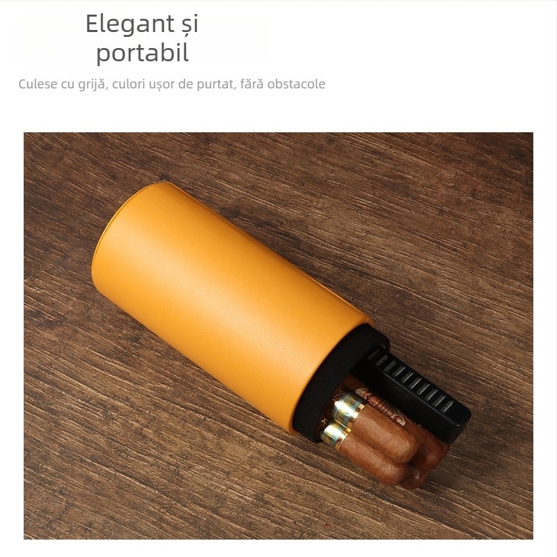 Humidor pentru țigări, exterior din piele PU și cilindru interior din lemn de cedru, cilindric, portabil pentru călătorii