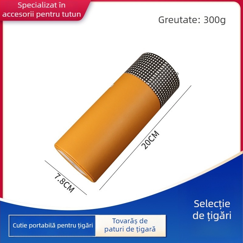 Humidor pentru țigări, exterior din piele PU și cilindru interior din lemn de cedru, cilindric, portabil pentru călătorii