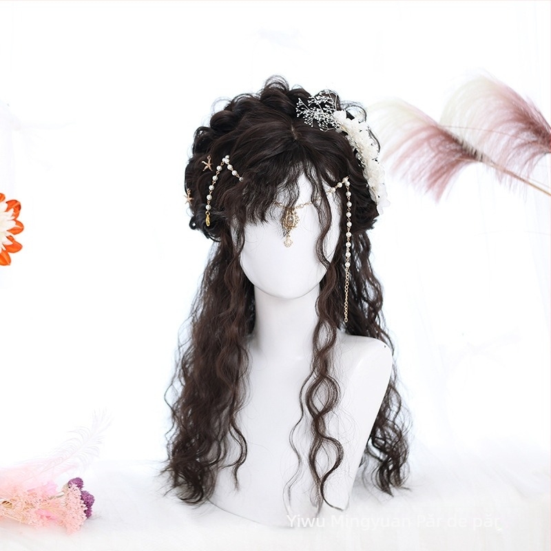 Pigeon Valley GZ-1808 Perucă lungă buclată cu breton oblic, fibră rezistentă la temperatură, stil natural, păr lung, nu poate fi vopsită cu vopsele ce se încălzesc