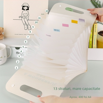 Fișier vertical A4 cu 13 buzunare, design accordion, material PP, grosime 0,43 mm, imprimare logo disponibil