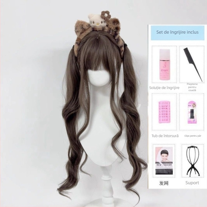Perucă Lolita în stil japonez pentru femei, păr lung buclat cu două cozi, fibre sintetice rezistente la temperaturi înalte, capă cu mecanism, breton drept sau înclinat