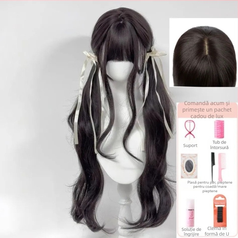 Perucă Lolita în stil japonez pentru femei, păr lung buclat cu două cozi, fibre sintetice rezistente la temperaturi înalte, capă cu mecanism, breton drept sau înclinat