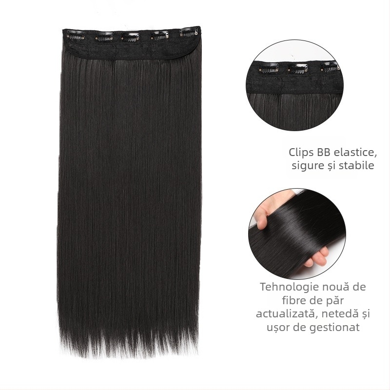 Tuojue perucă pentru femei, cu cinci clipsuri, fără cusătură într-un singur pies, păr drept, fibră sintetică rezistentă la temperaturi